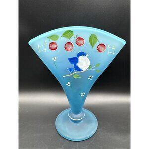Fenton Glass Blue Lagoon Satin Bird Cherry Floral HP Fan Vase 8” Kim Barley HTF